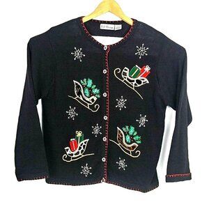 Vtg Christmas Cardigan Sweater Black Beaded BP Design L Grannycore Chic Holiday